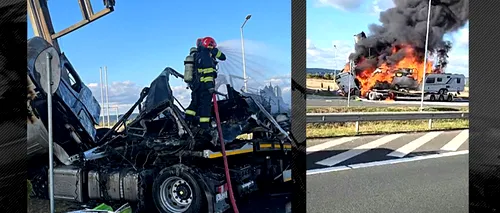 VIDEO | Un TIR care transporta rulote a luat foc după ce a lovit totemul unei benzinării, pe A1, în județul Timiș