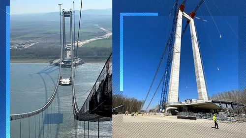 GALERIE FOTO | Cel mai mare pod din România și al treilea din Europa prinde contur. S-a montat un nou segment de tablier la „Golden Gate” de Brăila