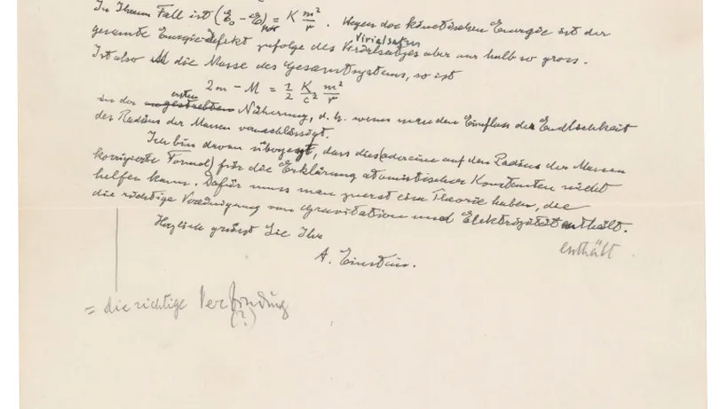 O scrisoare a lui Einstein care conţine ecuaţia E=mc2 s-a vândut cu 1,2 milioane de dolari