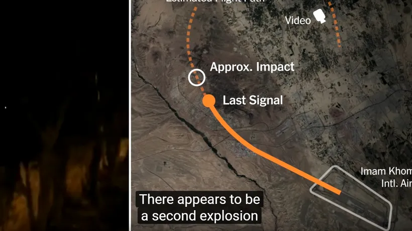 VIDEO: Avionul de pasageri prăbușit în Iran a fost lovit de două rachete, potrivit imaginilor difuzate de cotidianul The New York Times 
