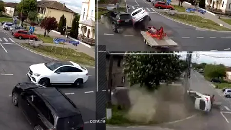 VIDEO. Impact devastator în județul Timiș: Două mașini au sărit în aer după ce s-au ciocnit. Unul dintre șoferi ar fi adormit la volan