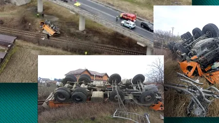 Accident cu 3 MORȚI pe Centura Avrigului, în Sibiu. Un camion a căzut de pe un pod peste calea ferată, în urma impactului cu un autoturism