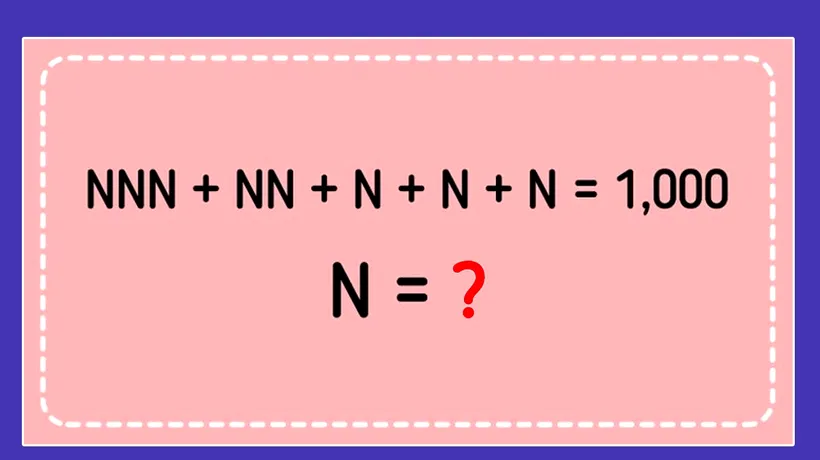 Test de inteligență matematică | Aflați ce cifră este N în ecuația: NNN+NN+N+N+N=1.000