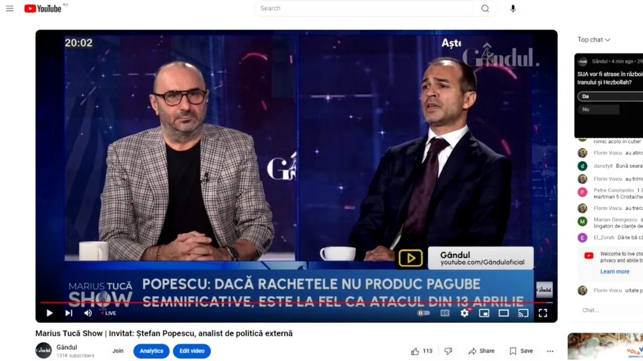 Poll Marius Tucă Show. SUA vor fi atrase în războiul Israelului împotriva Iranului și Hezbollah?