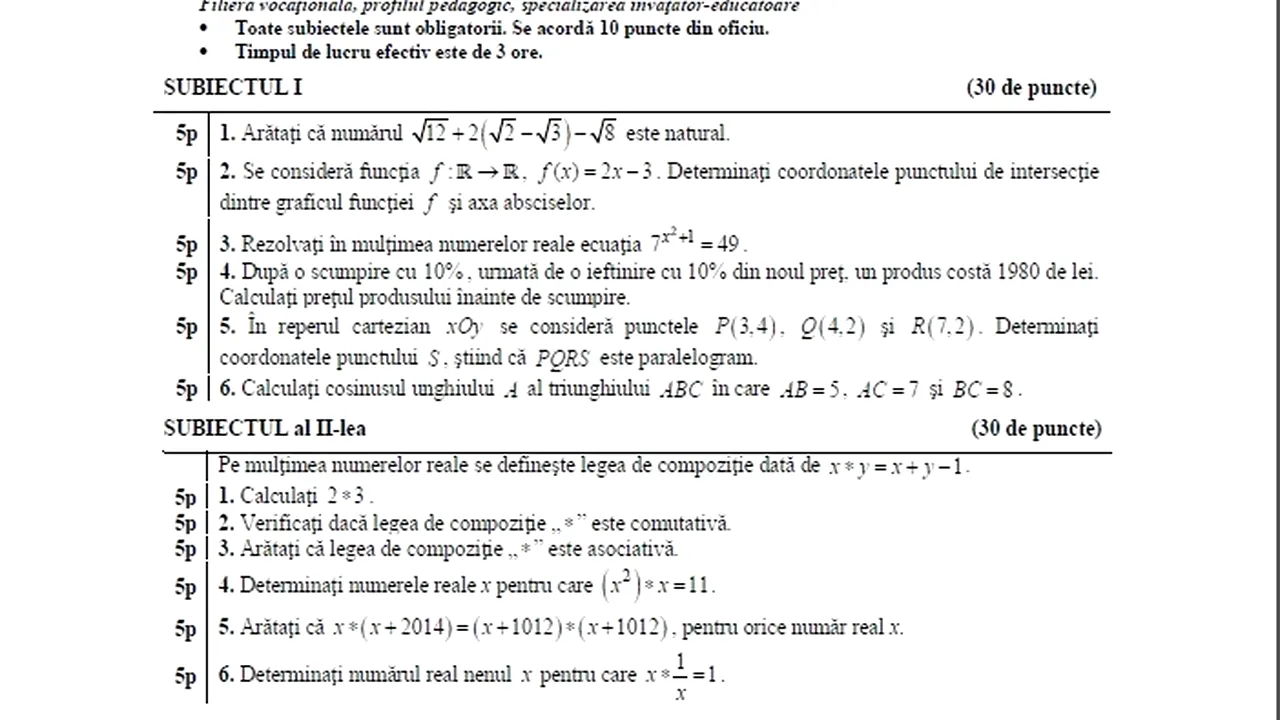 SIMULARE BAC 2014. Subiecte SIMULARE BAC 2014 MATEMATICĂ - profil PEDAGOGIC. Clasa a XII-a