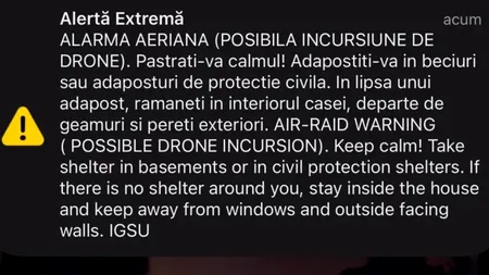 Alertă cu dronă în Botoșani. Locuitorii au primit RO-Alert și sunt îndemnați să se adăpostească imediat. Drona a fost identificată după ce două avioane F-16 ridicate de la sol