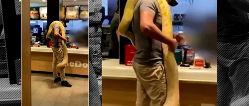 VIDEO | Scene incredibile: Un bărbat a intrat într-un restaurant fast-food cu un piton pe umăr