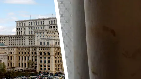 Casa Poporului se transformă ușor-ușor în Casa Groazei. Ziduri sparte, perdele murdare și draperii pătate de sus până jos