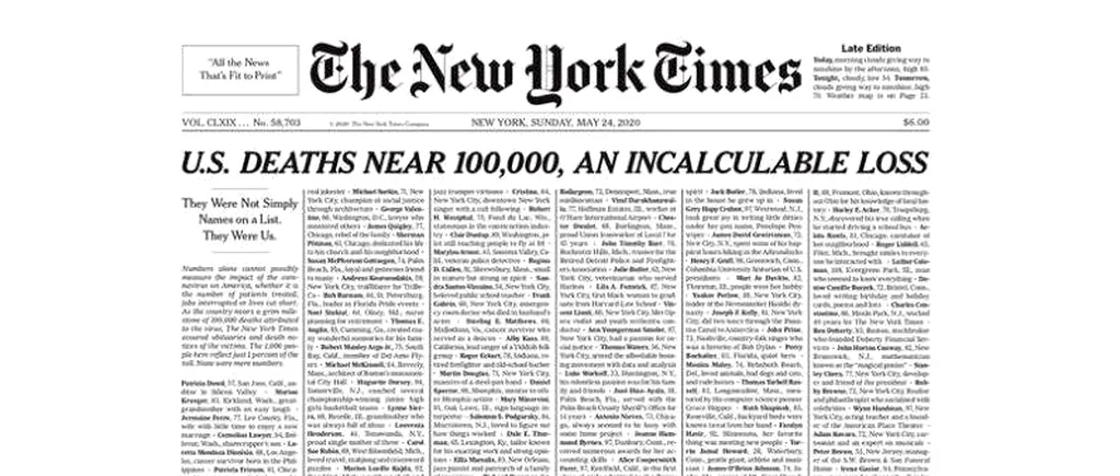 SUA. The New York Times comemorează victimele COVID-19, în contextul în care SUA va înregistra 100.000 de decese