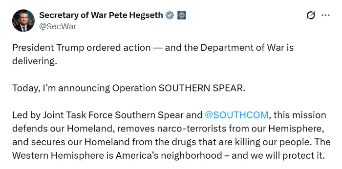 Statele Unite declar&#259; oficial r&#259;zboi cartelurilor de droguri. Departamentul de R&#259;zboi al SUA declan&#537;eaz&#259; opera&#539;iunea &bdquo;Southern Spear&rdquo;