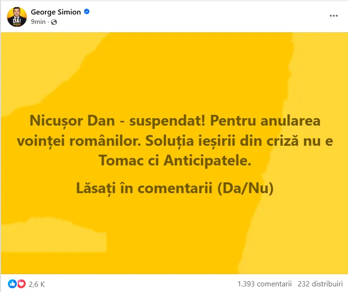 George Simion solicită suspendarea lui Nicușor Dan: 