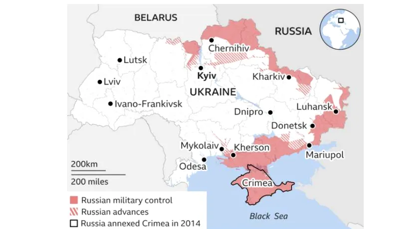 HARTĂ. Cât de mult a avansat Rusia pe teritoriul Ucrainei, în 18 zile de lupte sângeroase