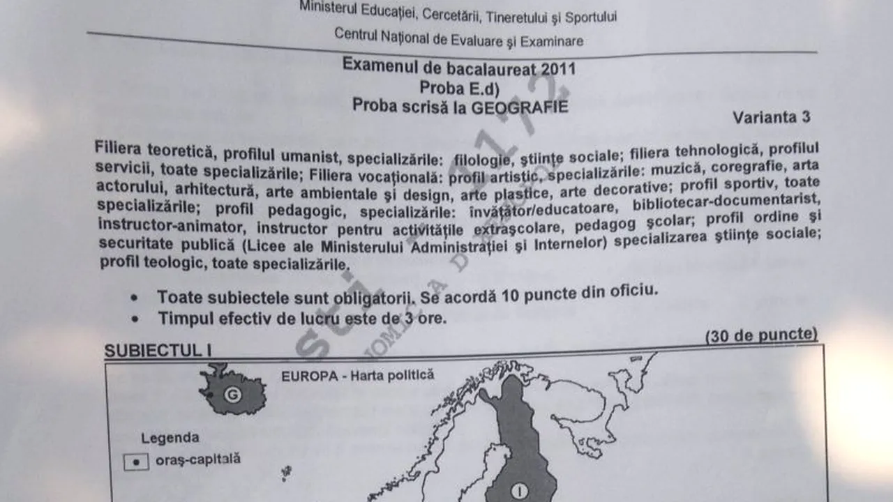 BAC 2012 SESIUNEA TOAMNĂ. SUBIECTE GEOGRAFIE, sesiunea august-septembrie 2011