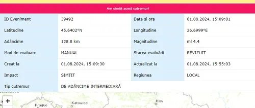 CUTREMUR în Vrancea. Seismul de 4,4 grade a avut loc joi, la ora 15:08:58