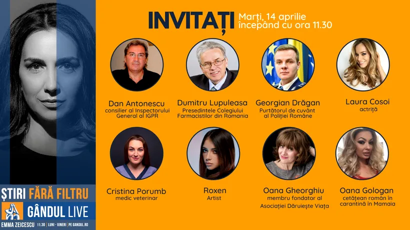 GÂNDUL LIVE | Expertul criminolog Dan Antonescu și președintele Colegiului Farmaciștilor, Dumitru Lupuleasa, printre invitații Emmei Zeicescu, pe 14 aprilie, la 11.30
