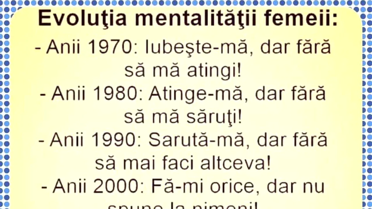 Bancul zilei | Cum a evoluat mentalitatea femeii, din 1970 până acum