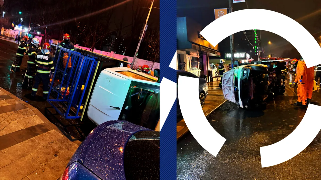 O utilitară cu butelii s-a răsturnat pe Șoseaua Fundeni, în sectorul 2. În cădere, a acroșat și o motocicletă pe care se aflau două persoane