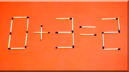 TEST IQ | Mută un singur băț de chibrit pentru a corecta 0+3=2