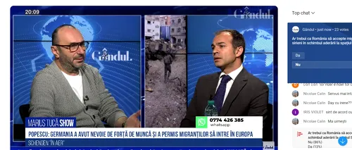 POLL Marius Tucă Show: „Ar trebui ca România să accepte migranți afgani și sirieni, în schimbul aderării la spațiul Schengen?”