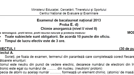 BACALAUREAT 2013. Subiecte  BAC 2013 - proba scrisă la chimie
