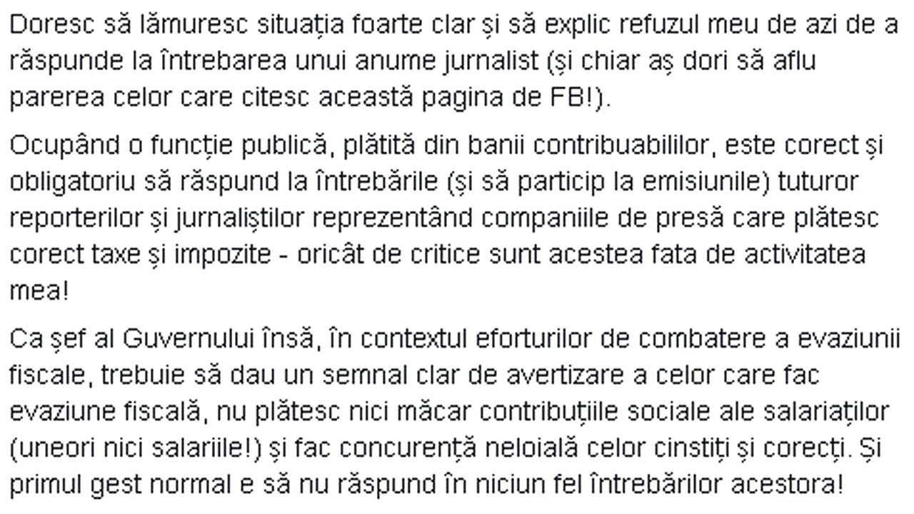 ActiveWatch, după ce premierul a spus că nu le mai răspunde jurnaliștilor angajați la companii cu datorii la stat: „Ponta înțelege greșit rolul presei