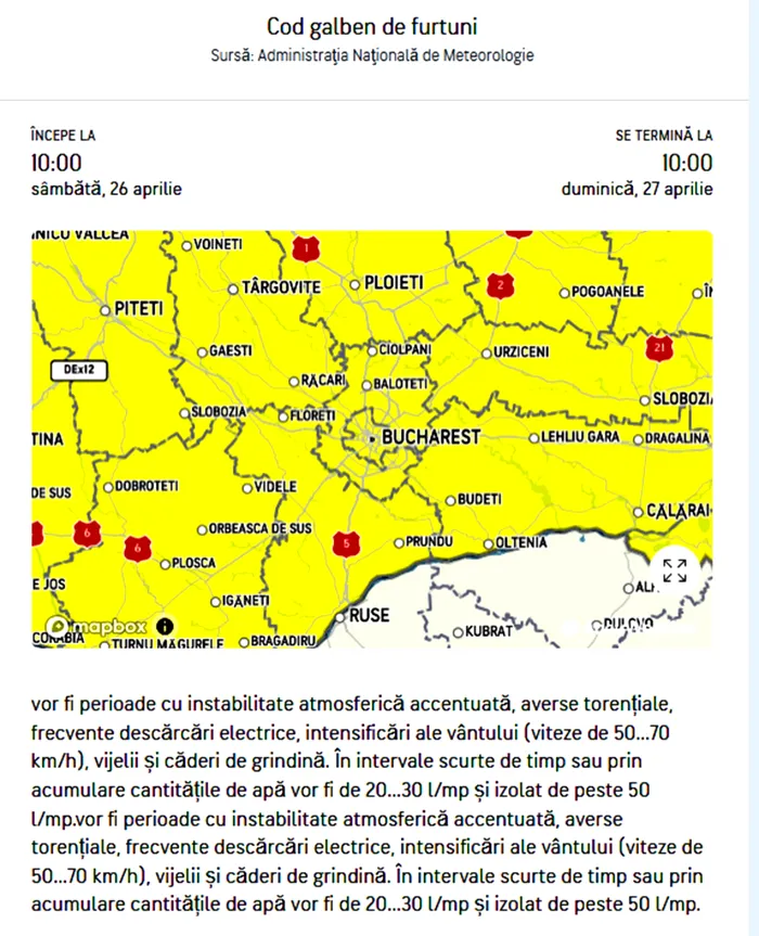Alertă de vreme severă în București, emisă de meteorologii Accuweather