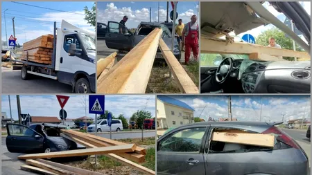 FOTO | Un copil de 3 ani a ajuns la spital, după ce mai multe grinzi au căzut dintr-o camionetă şi au intrat în parbrizul maşinii în care se afla
