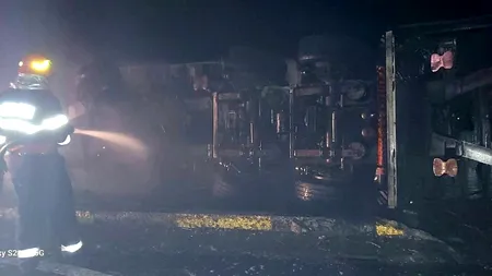 Coliziune între două TIR-uri, urmată de un incendiu. Un șofer a murit pe loc