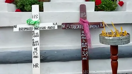 Mama și fiul său de 15 ani, uciși de concubinul femeii în curtea unei biserici din Argeș, au fost înmormântați (VIDEO)