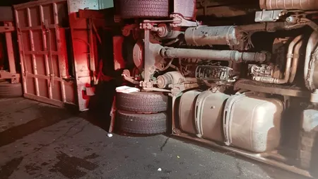 TIR încărcat cu porci, răsturnat în Vâlcea. Șoferul a fost rănit