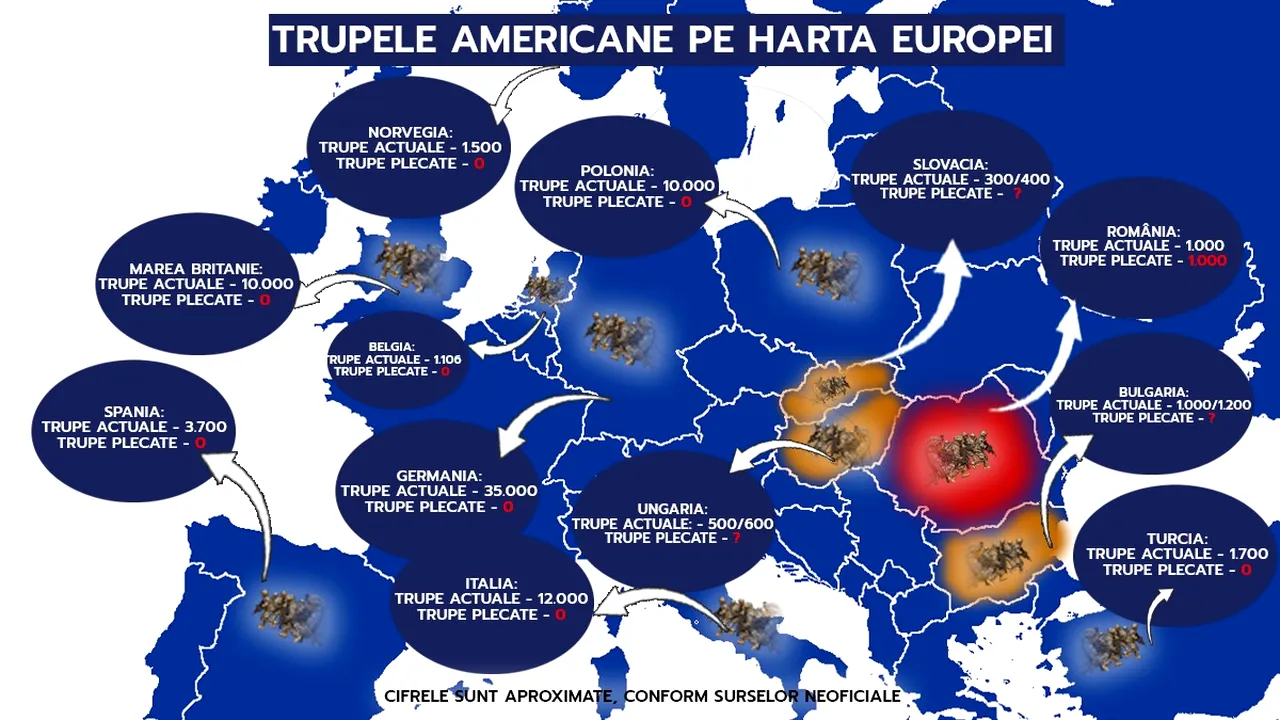 Întrebarea care dă fiori: ce trupe retrag americanii din Europa? România pare cea mai afectată de decizie. Gândul prezintă harta efectivelor americane de pe bătrânul continent. Ce știm până acum