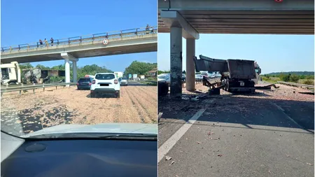 Trafic deviat pe A1 București-Pitești, după ce un camion a lovit un picior de pod. Coloana de mașini se întinde pe 14 kilometri