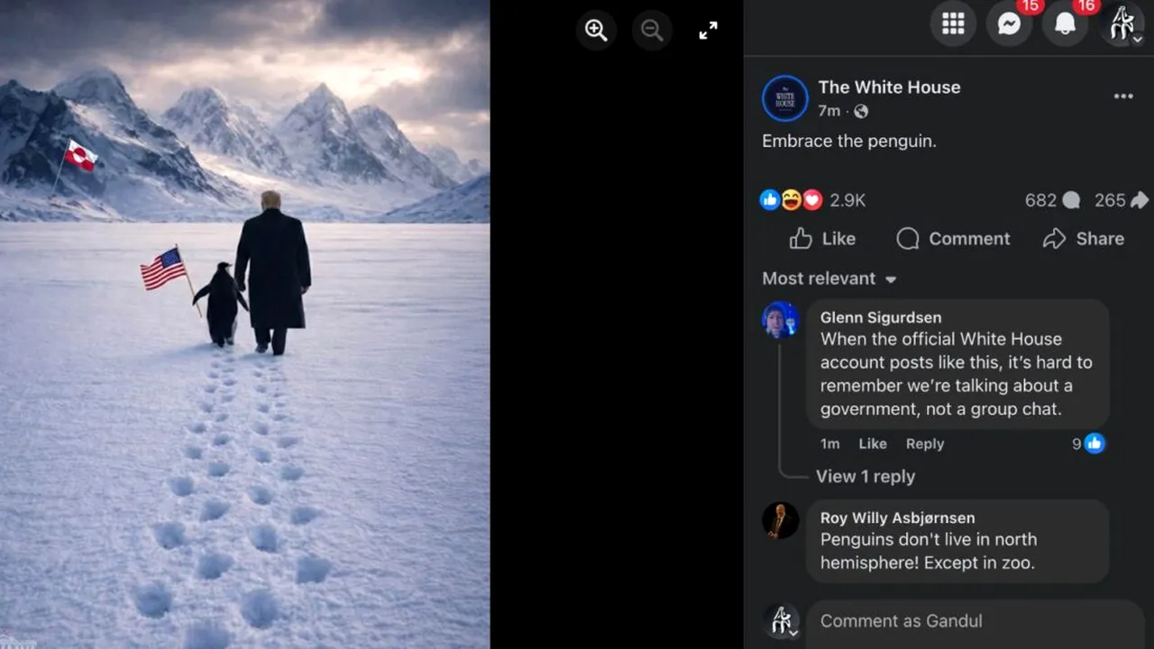 Glume și reacții negative după ce Casa Albă a postat o poză, generată cu AI, cu Trump și un pinguin cu steagul SUA, la pas prin Groenlanda