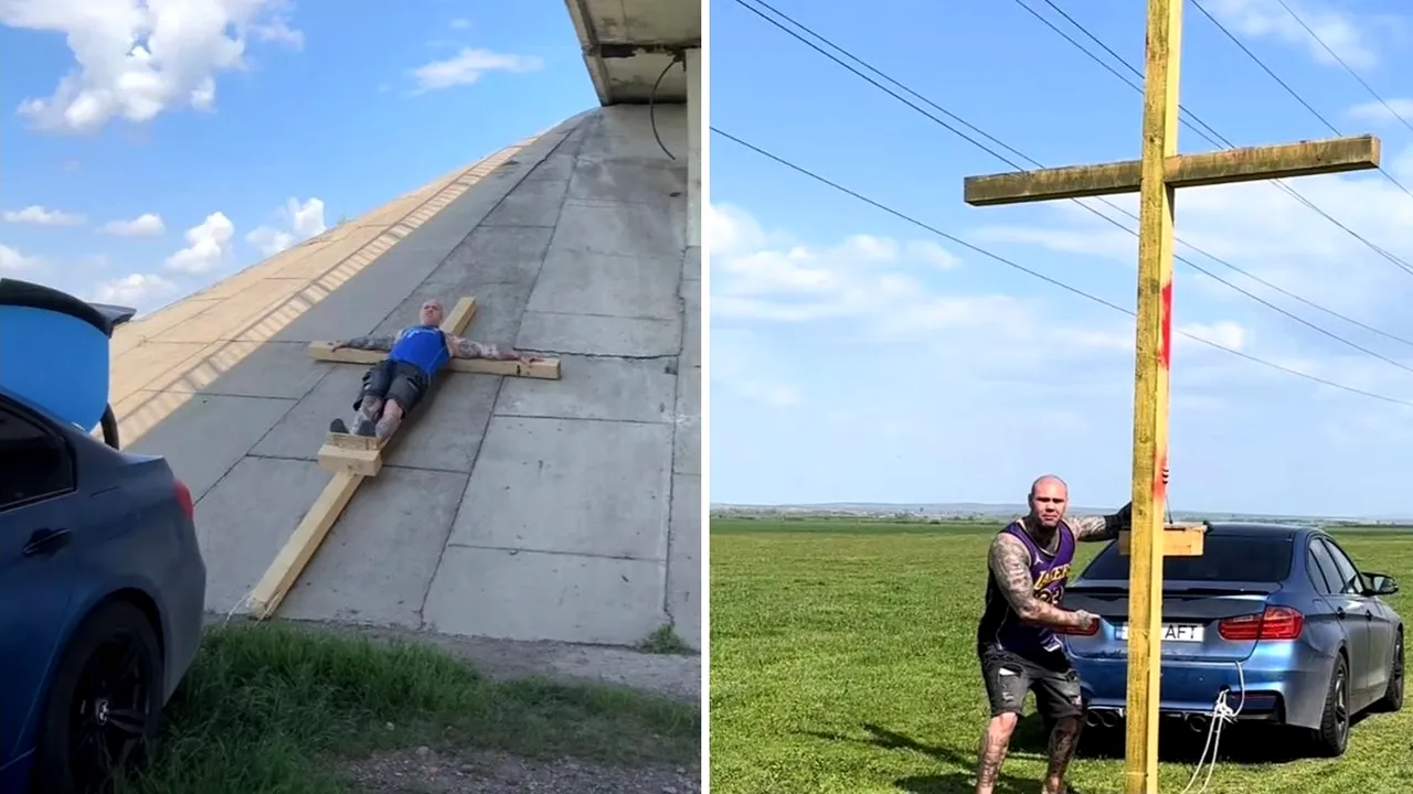 Luptător MMA, filmat în timp ce era răstignit pe cruce și tras de un BMW. După câteva zile, si-a distrus maşina într-un accident