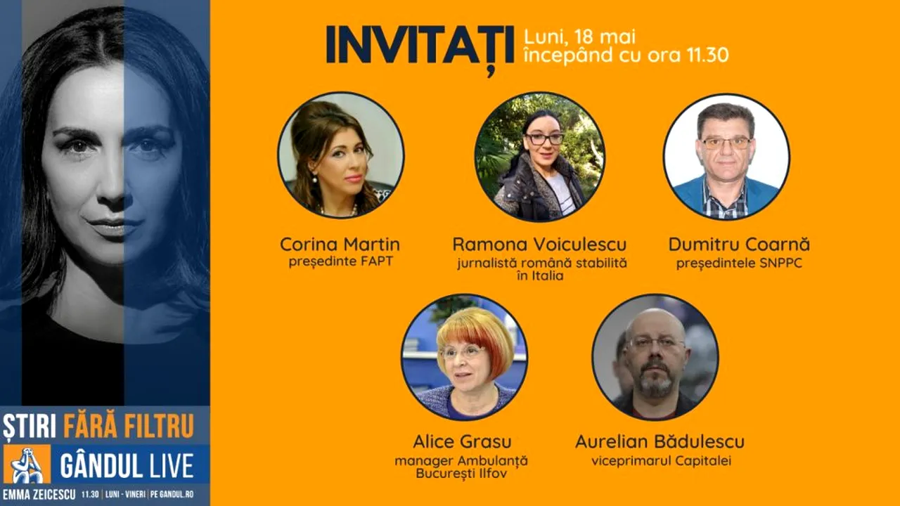 GÂNDUL LIVE. Dumitru Coarnă și viceprimarul Aurelian Bădulescu se află printre invitații Emmei Zeicescu în ediția de luni, 18 mai, de la ora 11.30