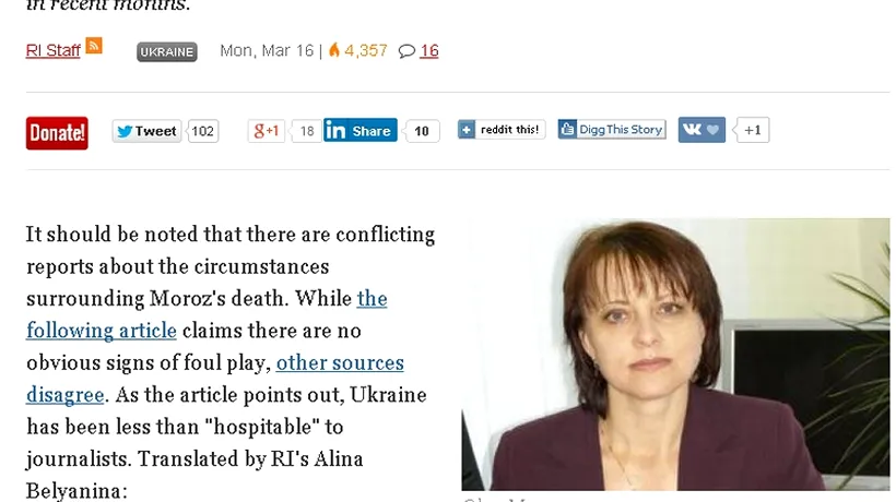 O jurnalistă din Ucraina a fost asasinată vineri