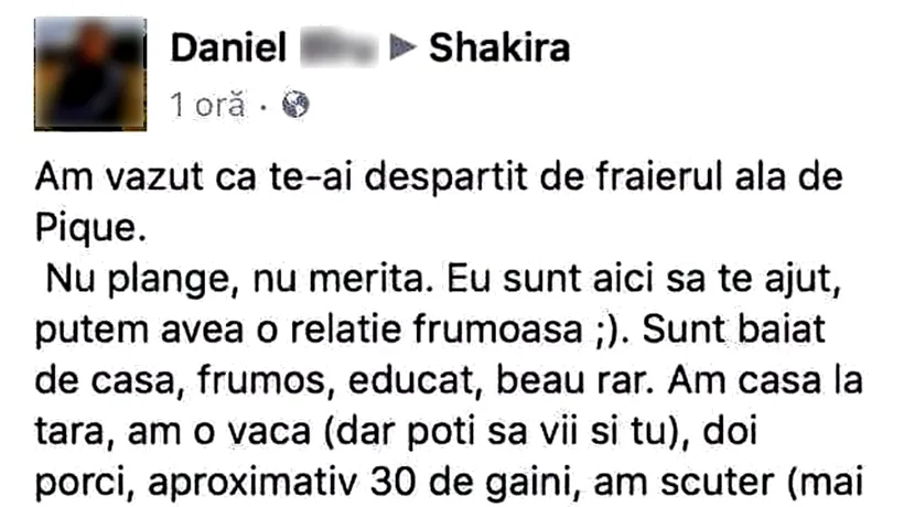 Ce mesaj a primit SHAKIRA de la un român: „Sunt băiat de casă, beau rar, am casă, o vacă, 30 de găini și...”