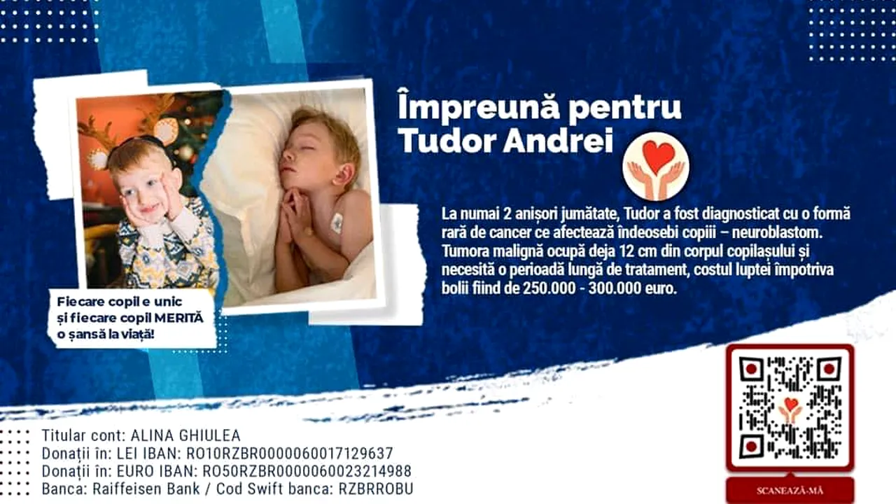 Tudor a fost diagnosticat cu o formă rară de cancer la doar doi ani și jumătate. Cum poate fi ajutat băiețelul