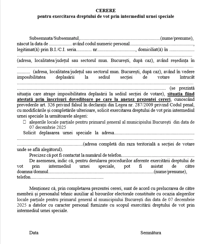 cerere pentru urna mobilă