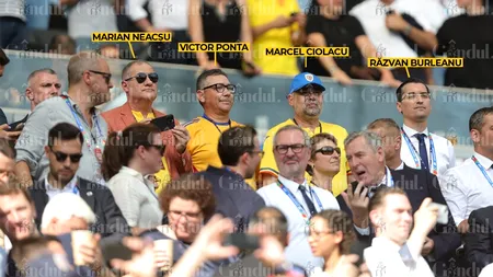 Marcel CIOLACU, alături de Victor Ponta, vicepremierul Marian Neacșu și șeful FRF, Răzvan Burleanu, în tribune la meciul ROMÂNIA-SLOVACIA
