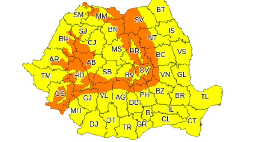 Alertă de cod portocaliu pentru 27 de județe valabilă până luni seara