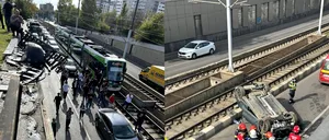 Linia tramvaiului 41 din Capitală, BLOCATĂ timp de 80 de minute după ce o mașină s-a răsturnat pe șine