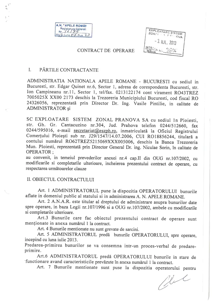 Contractul de operare între Apele Române și ESZ (sursa Facebook)