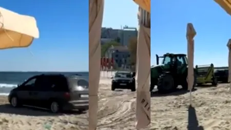 Turistă, filmată în timp ce gonea cu mașina pe o PLAJĂ din Mamaia. Vehiculul a fost tractat cu un tractor, după ce s-a împotmolit în nisip