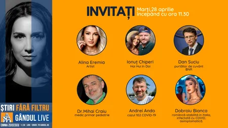 GÂNDUL LIVE. Medicul pediatru Mihai Craiu și purtătorul de cuvânt al BNR, Dan Suciu, se află printre invitații Emmei Zeicescu, pe 28 aprilie, de la ora 11.30