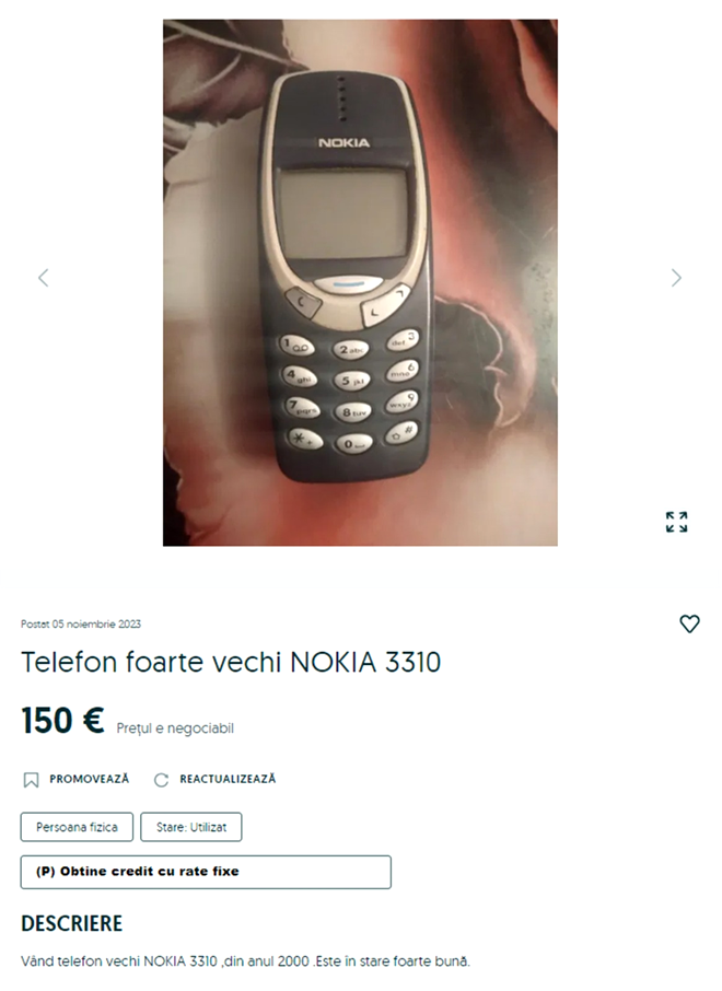 Suma e mare! Cu câți lei se vinde un telefon „cărămidă” Nokia 3310, acum, în noiembrie 2023