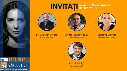 GÂNDUL LIVE. Analistul politic Ion M. Ioniță se află printre invitații Emmei Zeicescu la ediția de miercuri, 16 decembrie 2020, de la ora 11.30