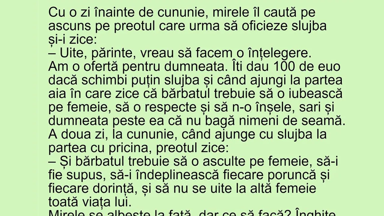 Bancul de miercuri | Cu o zi înainte de nuntă, mirele îi oferă 100 de euro preotului