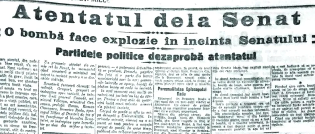 Primul atentat cu bombă din România, în 8 decembrie 1920: „Zeci de senatori leşină, în vreme ce corpul de gardă opreşte ieşirea celor aflaţi înăuntru“