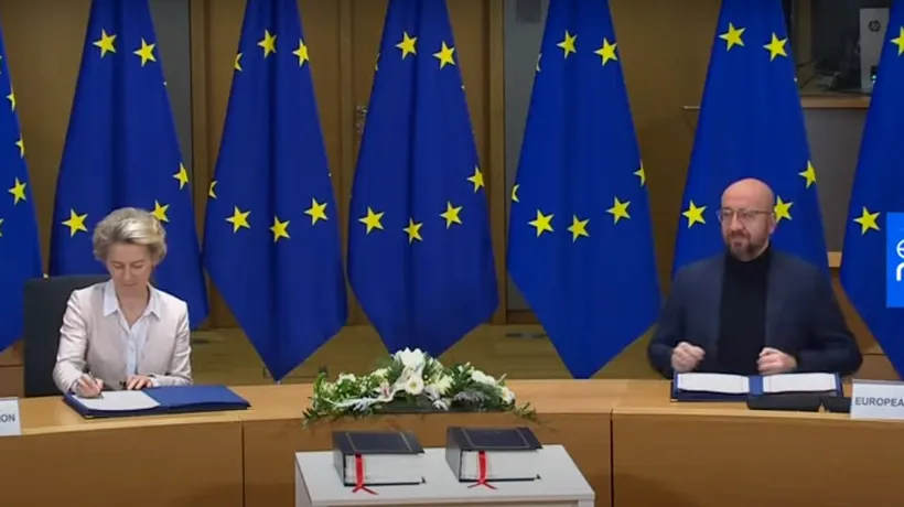 Acordul post-Brexit, semnat de președintele Comisiei Europene, Ursula von der Leyen, şi preşedintele Consiliului European, Charles Michel
